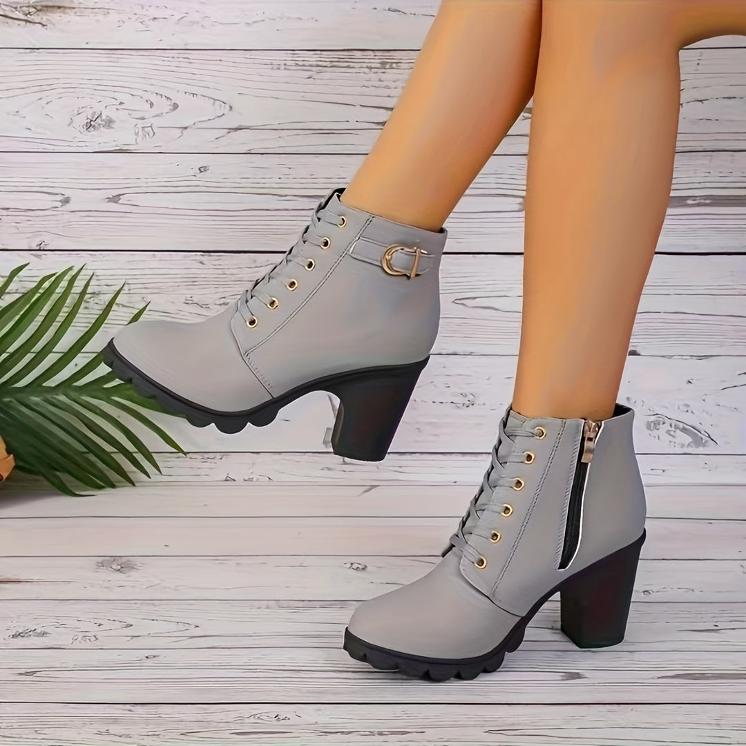 Women's Ankle Boots Zipper Lace-Up High Heel Square Toe All-Season