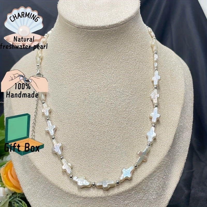 Silver Cross Pendant Necklace with Freshwater Baroque Pearl