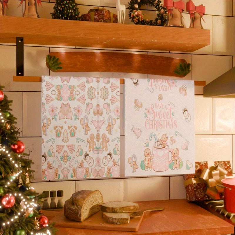 Получите два куска подарочных новогодних кухонных полотенец размером 18*26 дюймов с веселыми мотивами пряников и зимы для украшения кухни на Рождество.