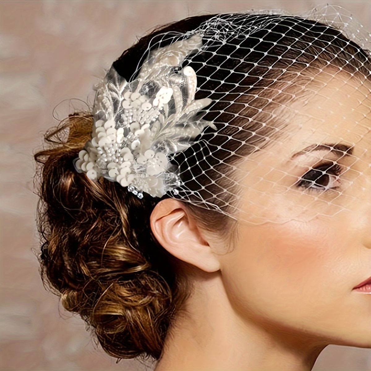 Vintage Lace Veil with Hand-Sewn Grid Design for Weddings and Photoshoots