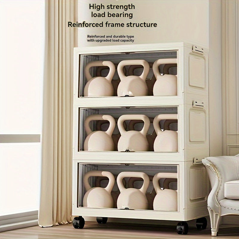 Large Foldable Plastic Storage Organizer with Doors Stackable Multi-Tier for Shoes Clothes Toys