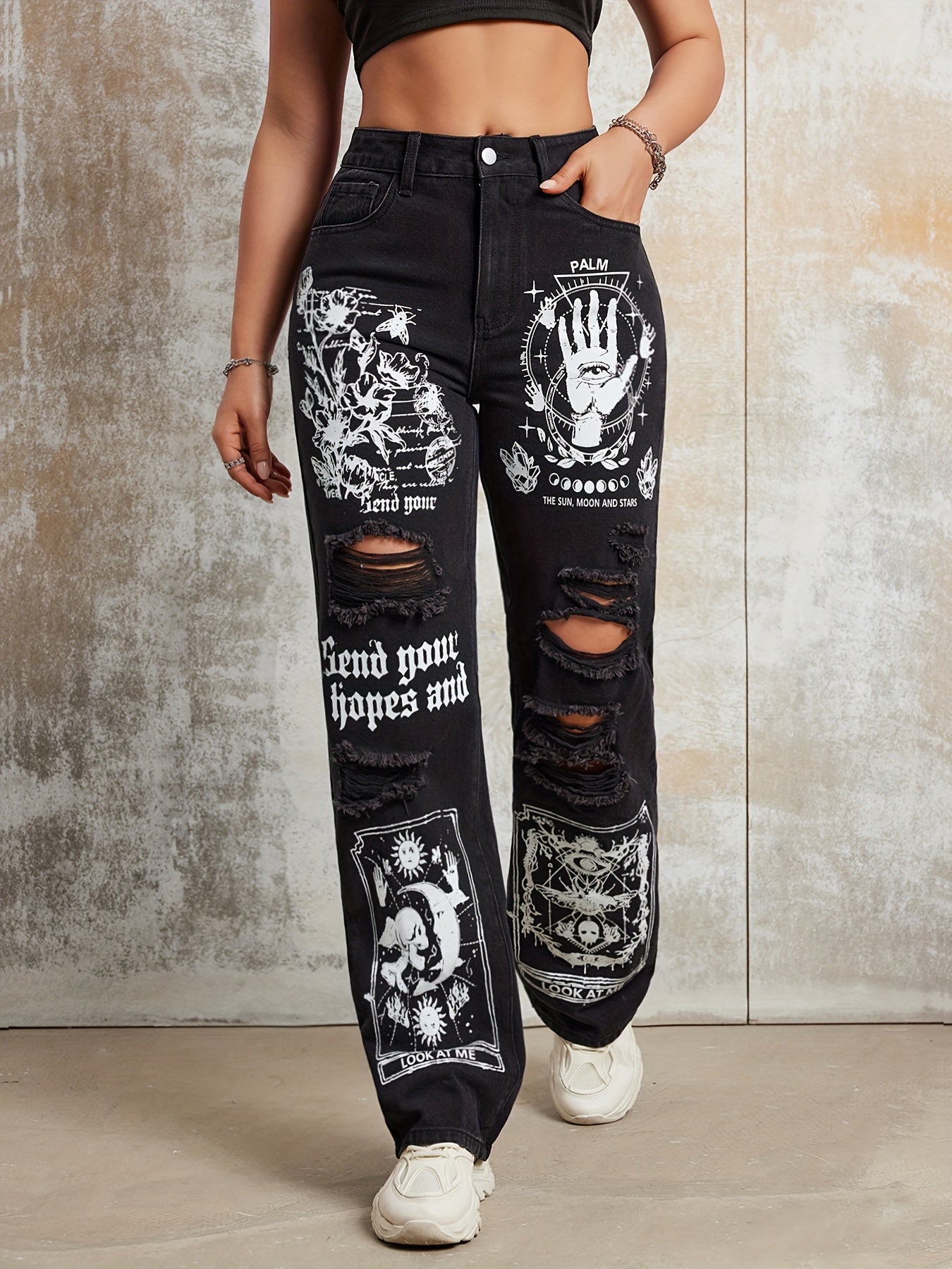 High Waist Denim Pants with Cartoon Pattern Ripped Straight Leg for Casual Wear