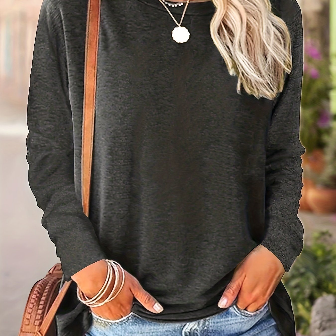 Plus Size Women's Long Sleeve Solid T-Shirt Casual Round Neck Stretch