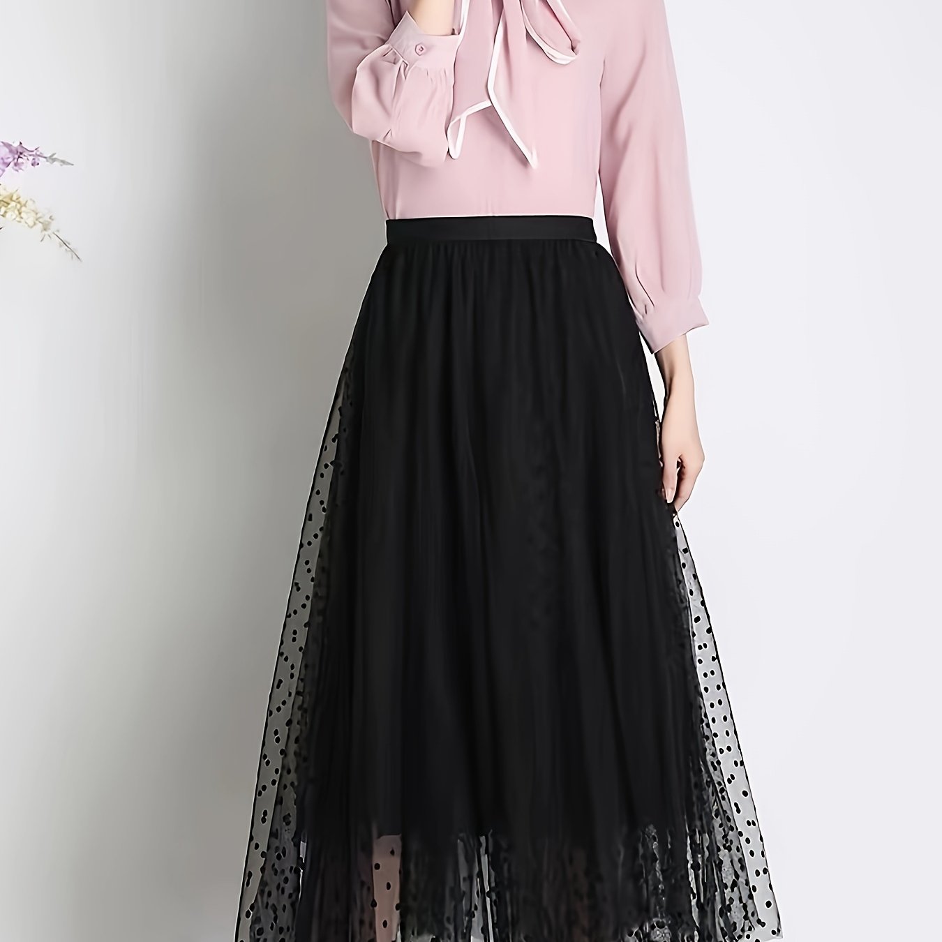 Falda midi de lunares de talla grande para mujer en línea A, con malla ligera y flocked