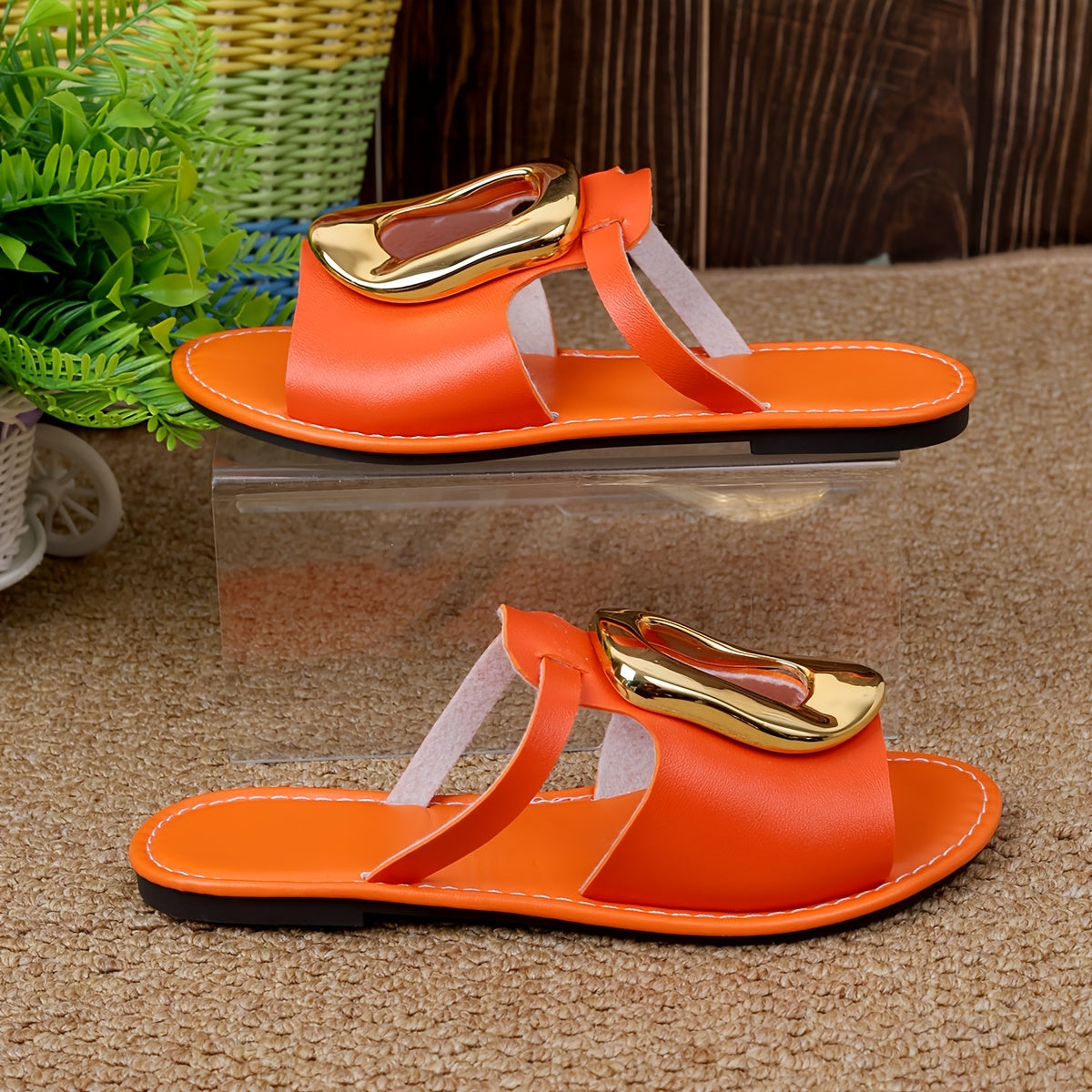 Women's Casual Black White Orange Sandals with Golden Buckles