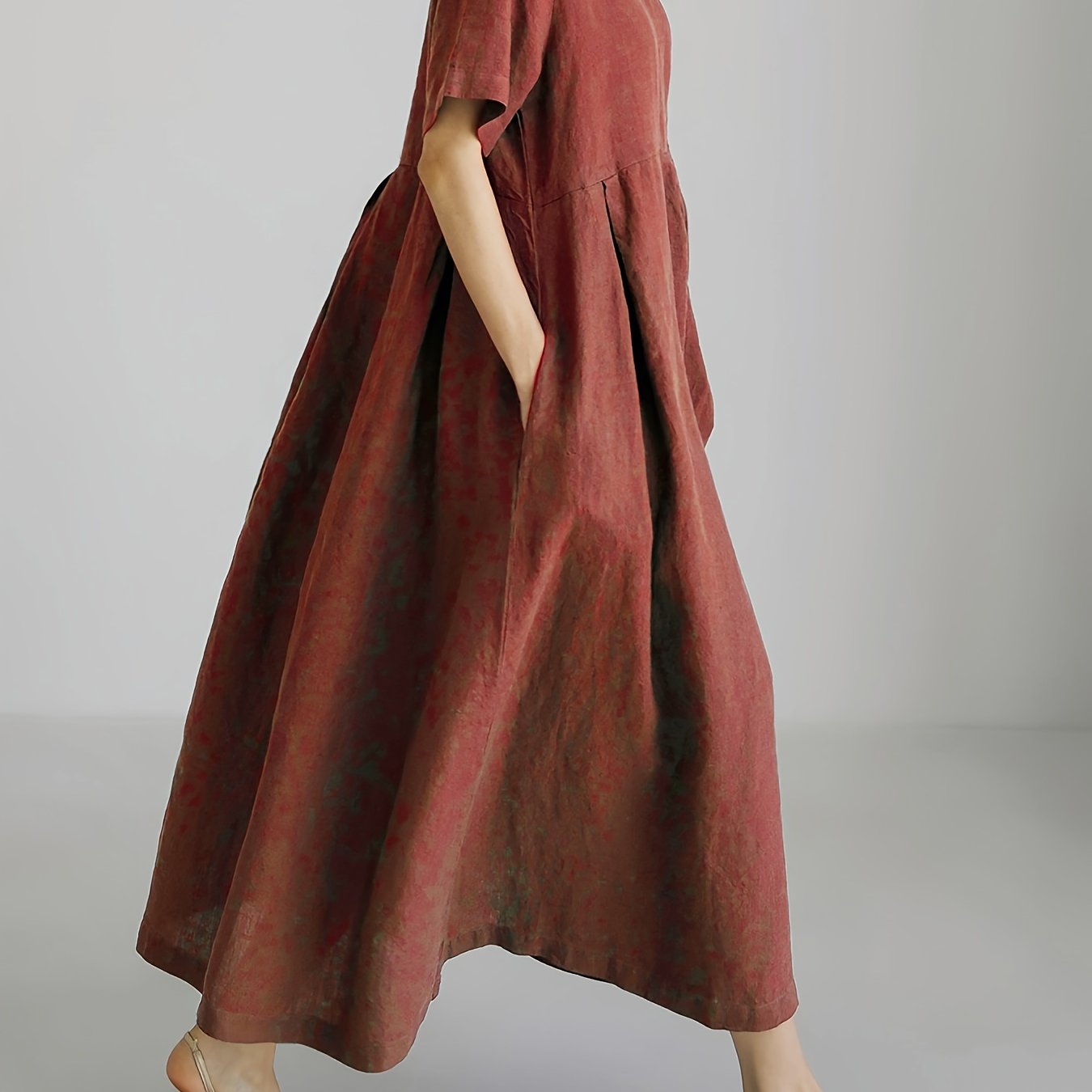 Women's Linen Blend Midi Dress with Oversized Flowy Skirt Short Sleeve Spring Summer