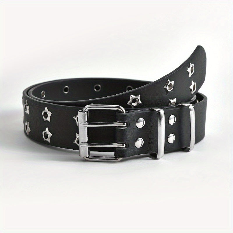 Unisex Black PU Leather Waistband with Double Pin Buckle and Eyelet Details for Punk Style