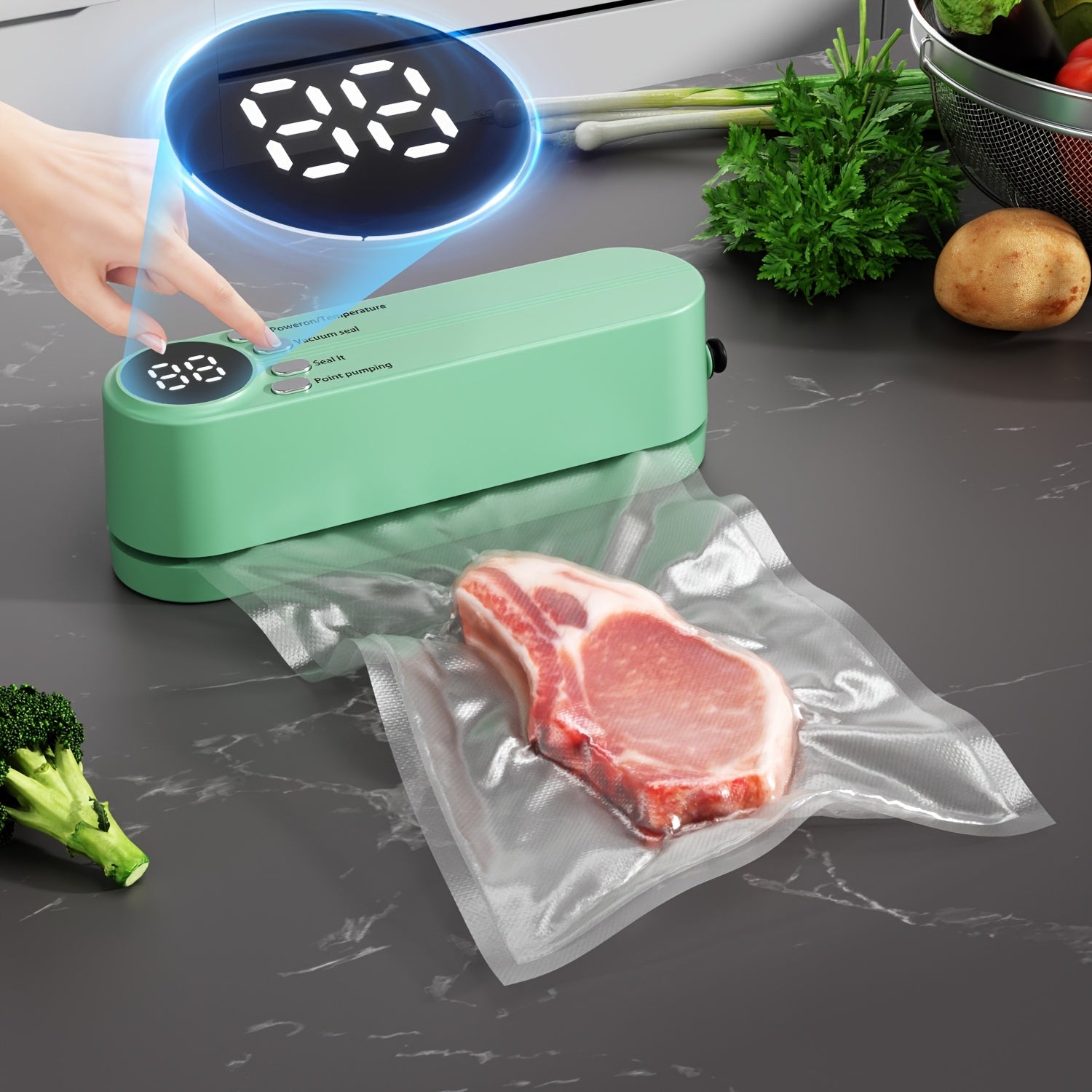 USB bilan qayta to'ldiriladigan vakuum yopishtiruvchi to'plam, tez yopish uchun, pompasi va havo o'tkazmaydigan sumkalarni o'z ichiga oladi, oziq-ovqat, atıştırmalıklar, go'sht, meva, sabzavotlarni saqlash uchun ideal, va joyni tejovchi dizayn.