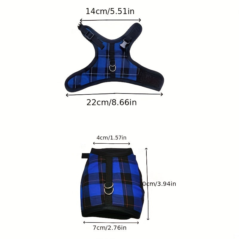 Checkered Blue and Red Hamster Harness and Leash Set with Bell Adjustable Breathable