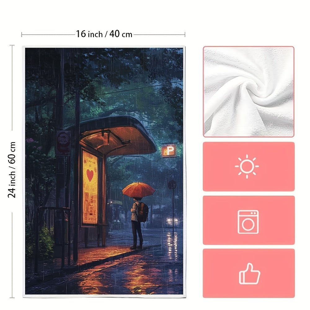 Set of 2 Ultra Soft Kitchen Towels Anime Boy with Heart Umbrella 16x24 Inches