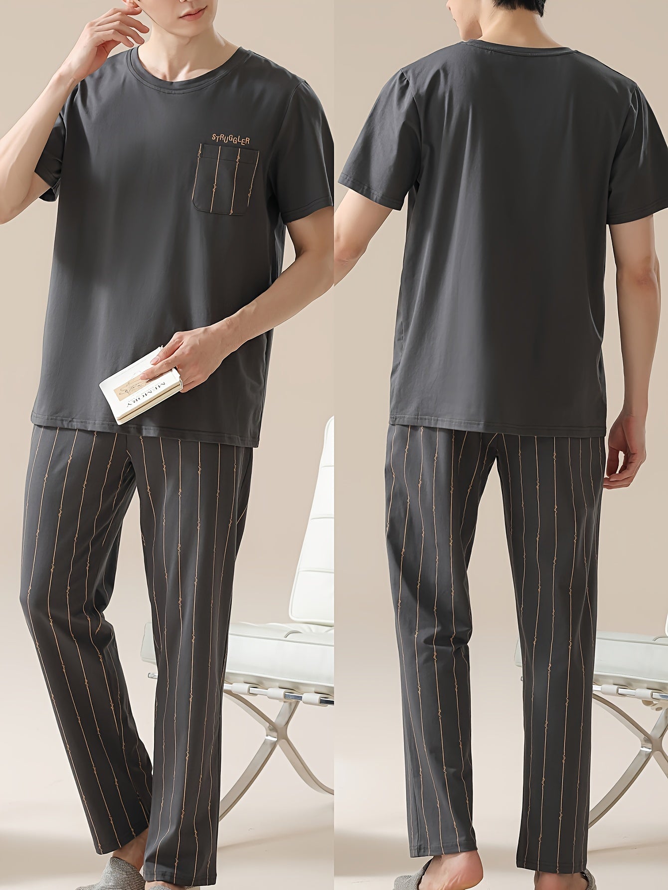 Conjunto de pijama de manga corta para hombre con pantalones a rayas, poliéster, ropa cómoda para estar en casa
