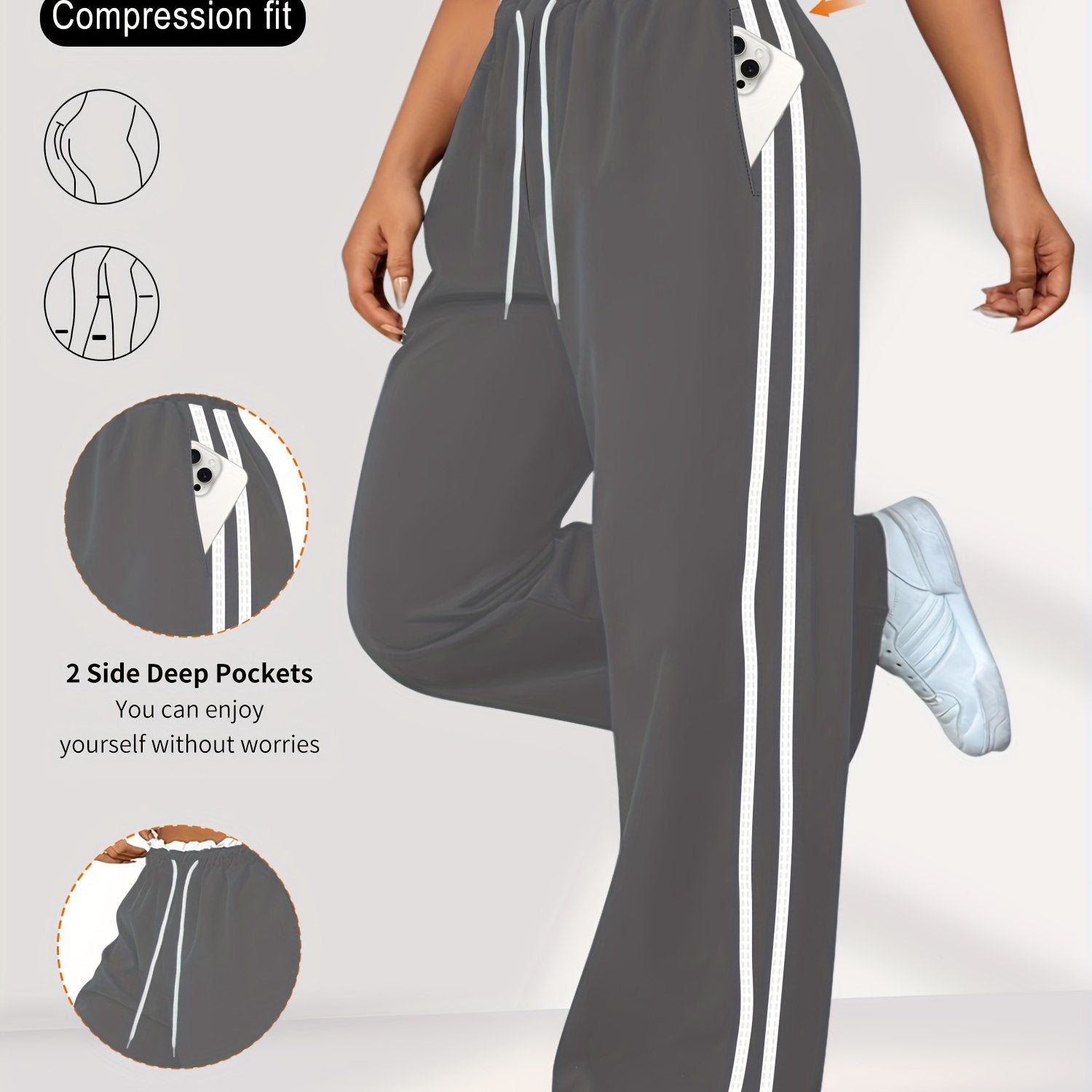 Pantalones casual de mujer de talla grande con cintura alta, rayas laterales y cordón ajustable