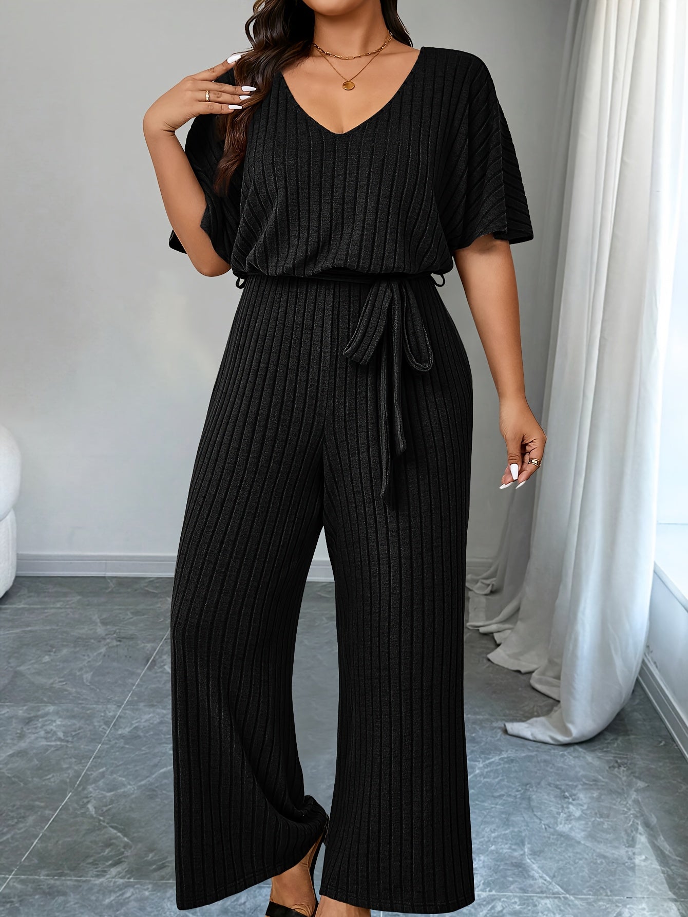 Plus Size Ribbed Wide Leg Jumpsuit Casual Belted Short Sleeve V Neck