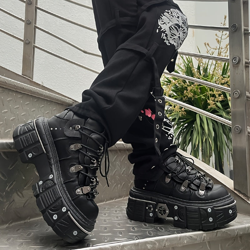 Women's Black Platform Ankle Boots Round Toe High Heel Sneakers