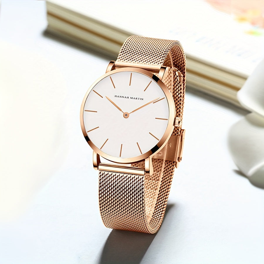 Women's Quartz Watch Stainless Steel Mesh Band Zinc Alloy Case Light Luxury Simple Fashion Wrist Watch
