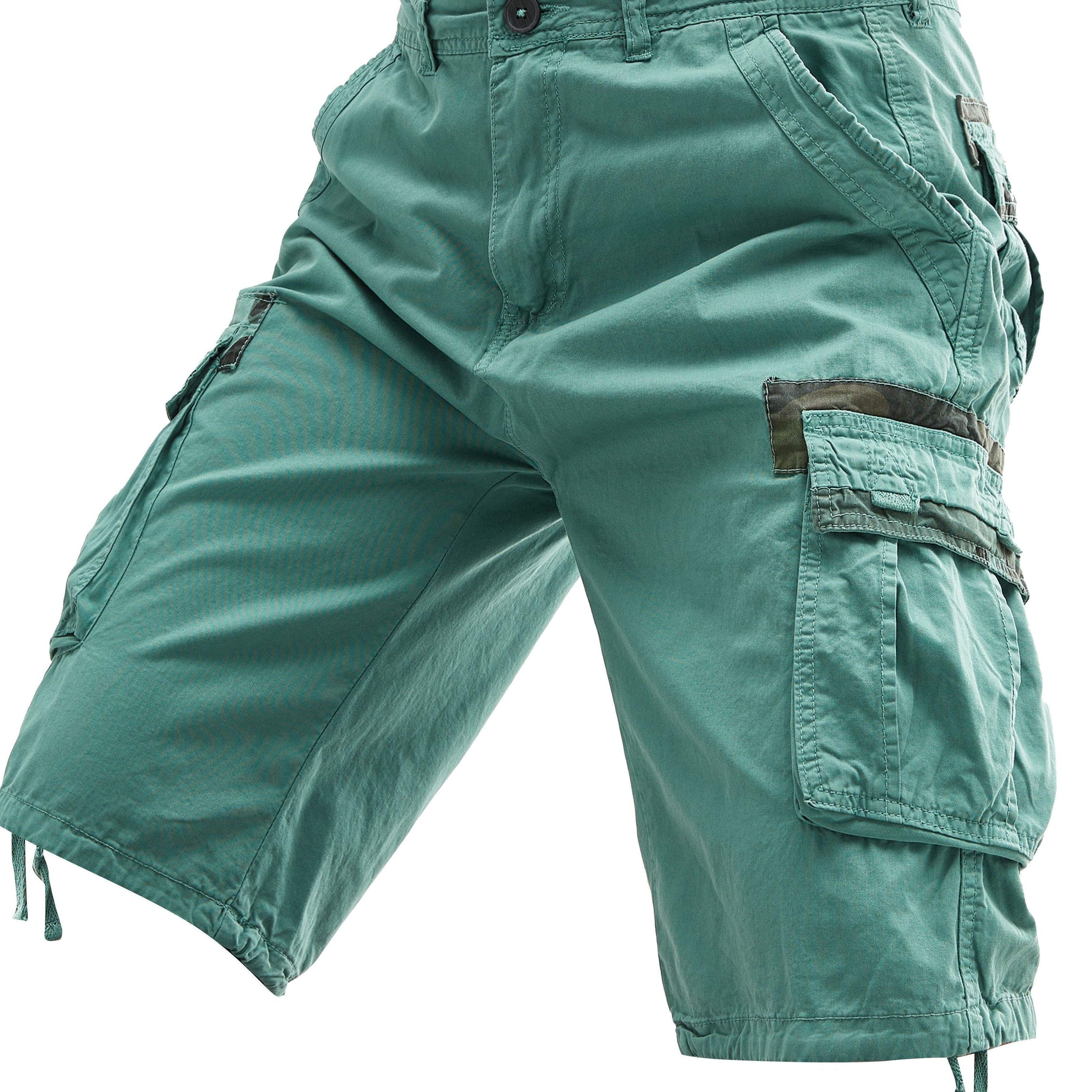 Erkaklar uchun ortiqcha kattalikdagi paxta yuk shortlari, cho'zilmaydigan, bir nechta cho'ntaklar, bir rangda, keng kesimda va to'qilgan mato.