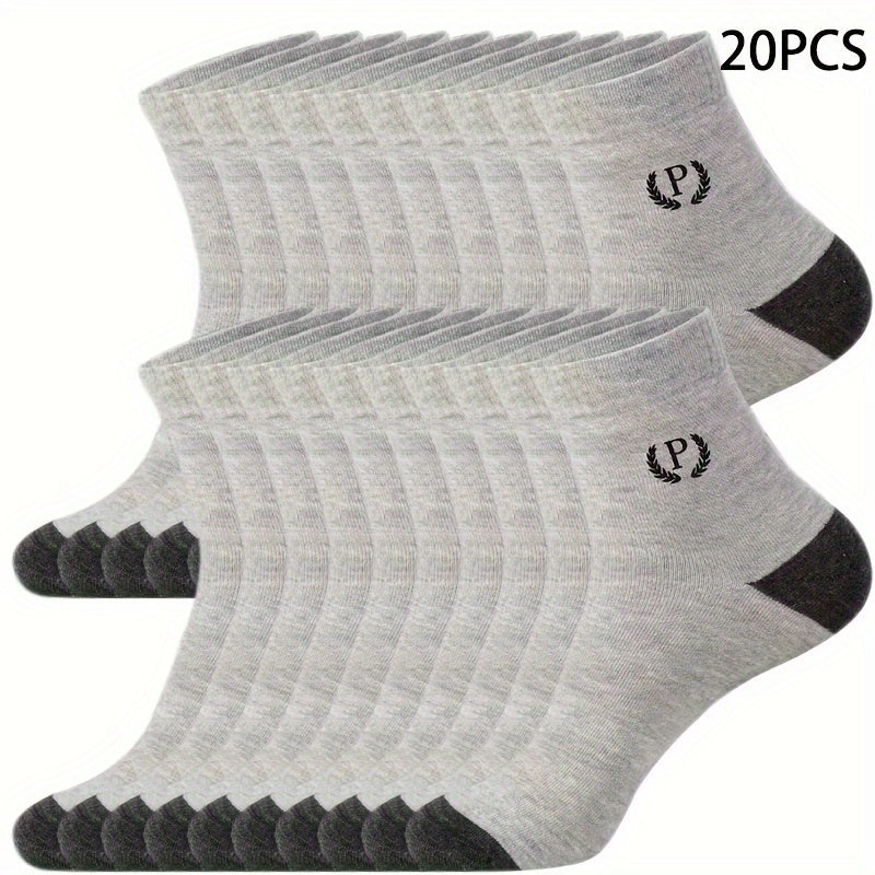 Men's Mid-Calf Socks Pack of 20 Solid Colors Breathable Casual Sports Polyester Spandex