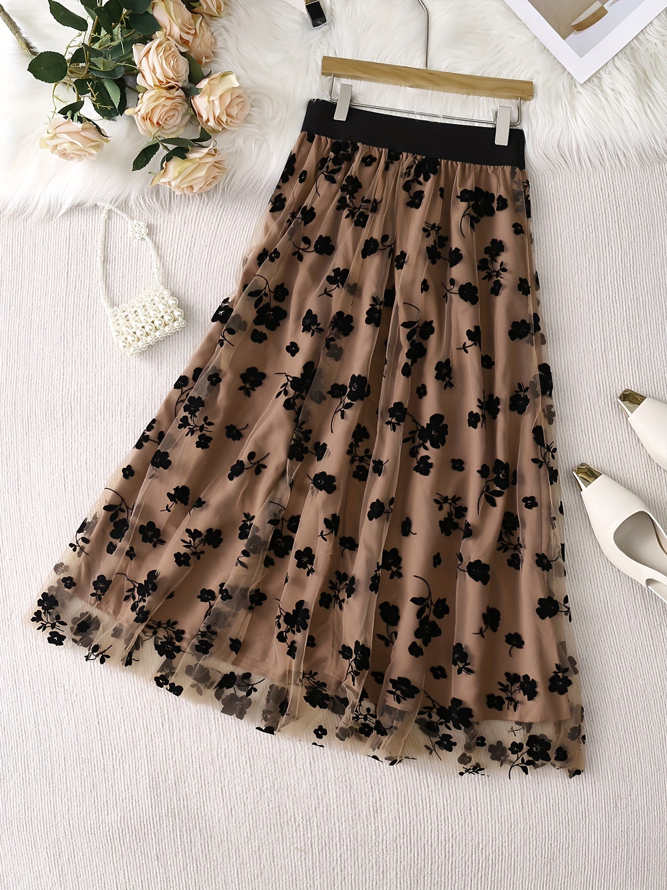 Women's Tulle Skirt with Embroidered Floral Print Regular Length A-Line Casual Style