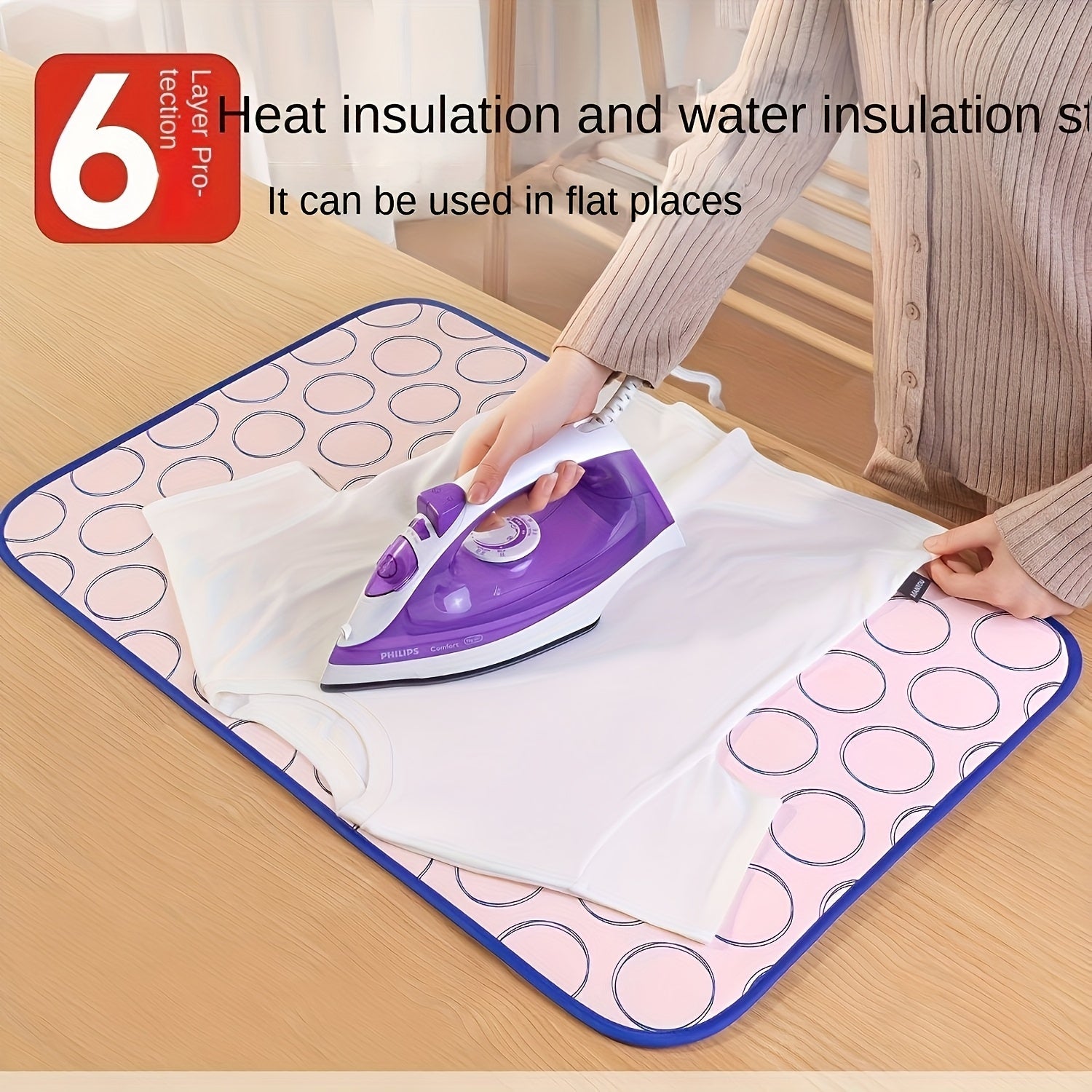 Portable Ironing Mat with Heat Insulation, Water-Resistant, Pink and Blue Geometric