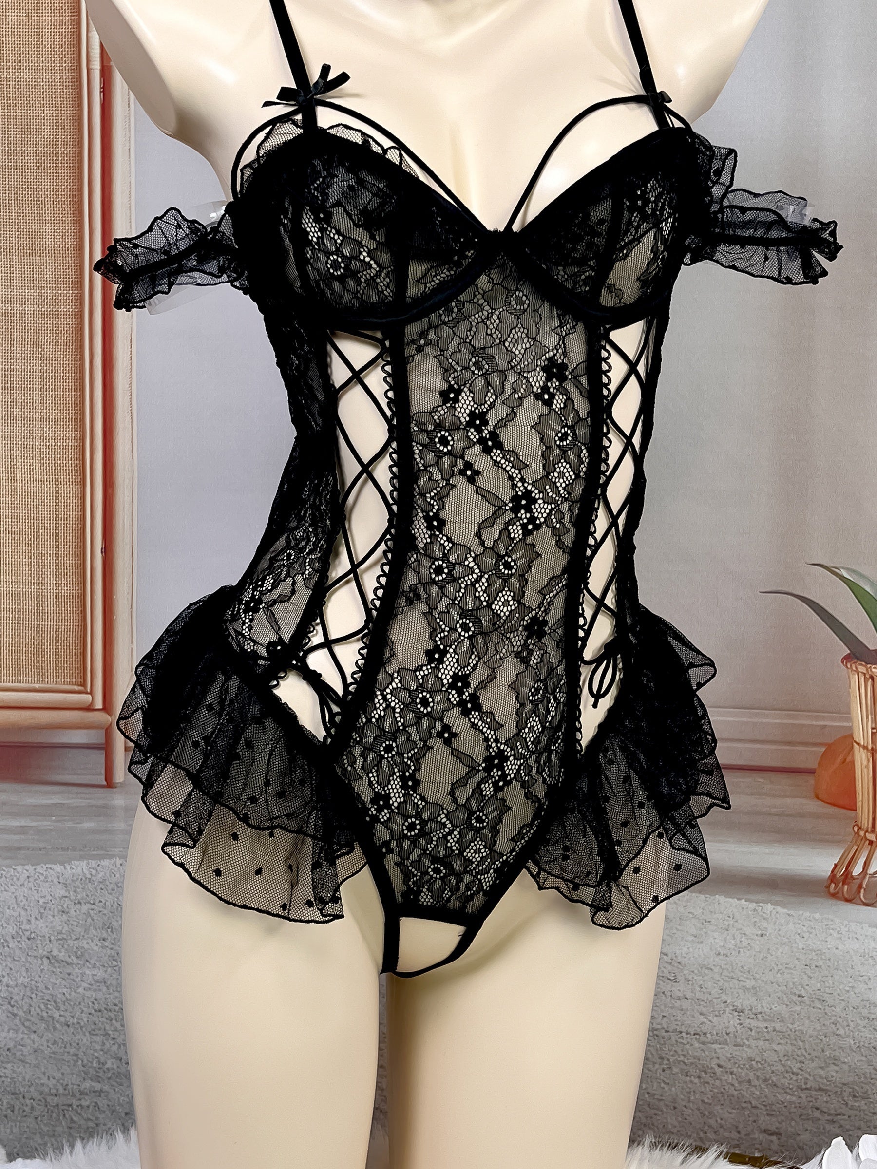 Women's Black Sleek Shoulder Strap Bodysuit Lingerie Top