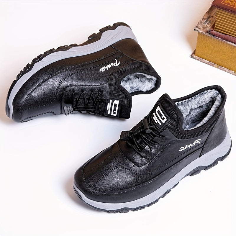 Men's Black Gray Fleece-Lined Slip-Resistant Winter Boots Rubber Sole Casual