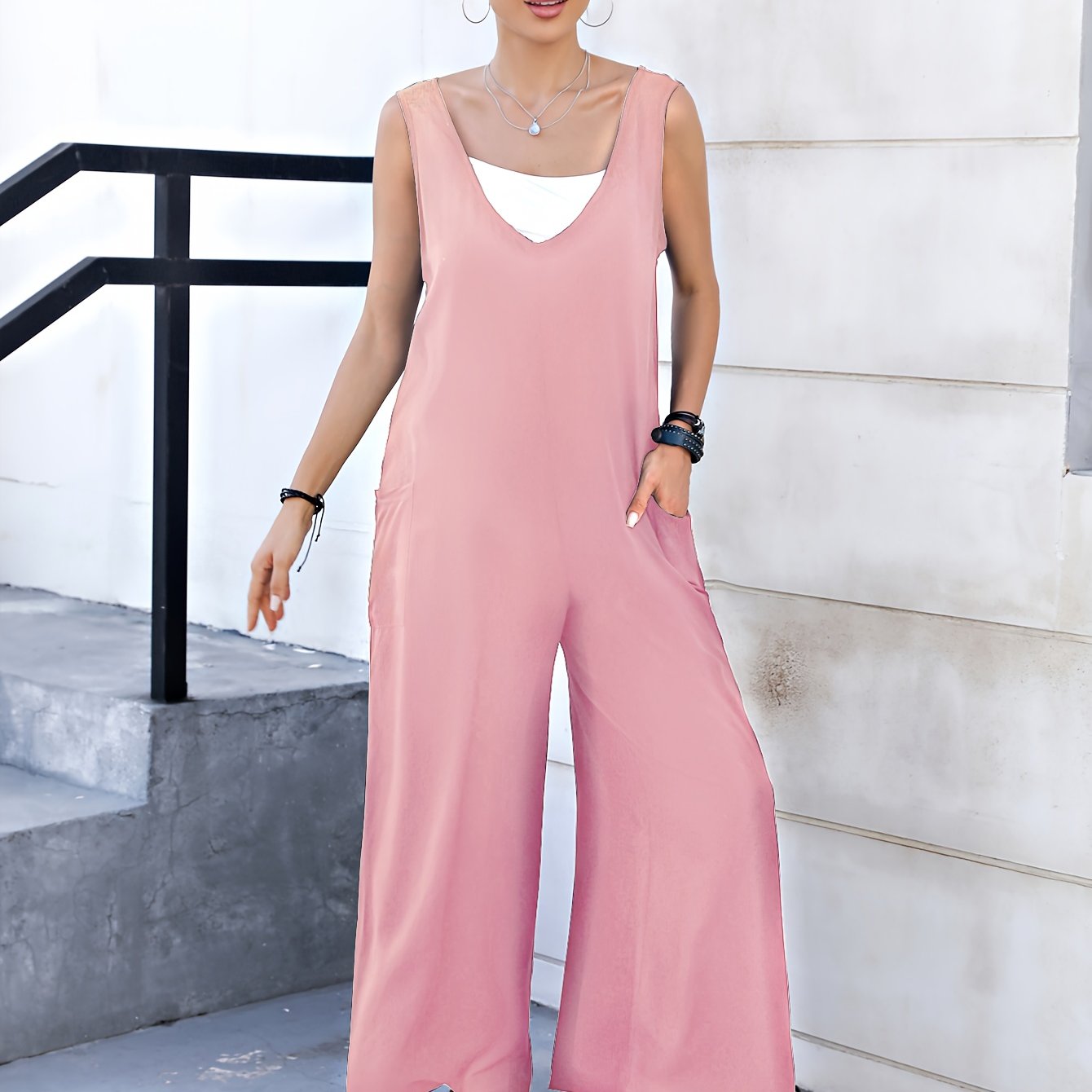 Mono casual de tirantes de talla grande para mujer con escote en V profundo y pantalones anchos y sueltos