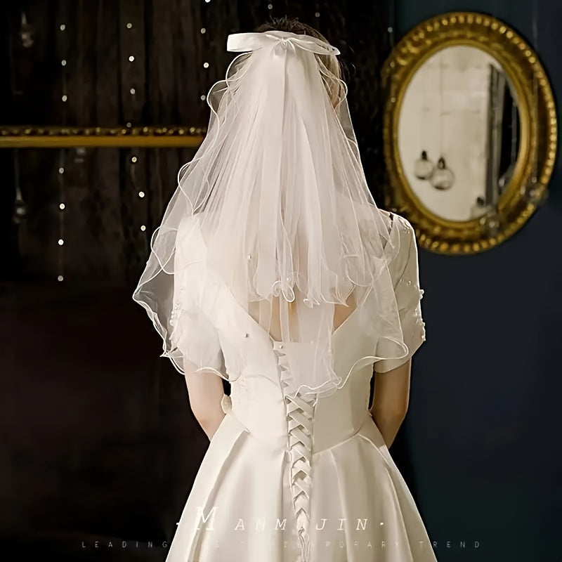 Women's Bridal Tulle Veil with Pearl Crown and Butterfly Knot for Weddings