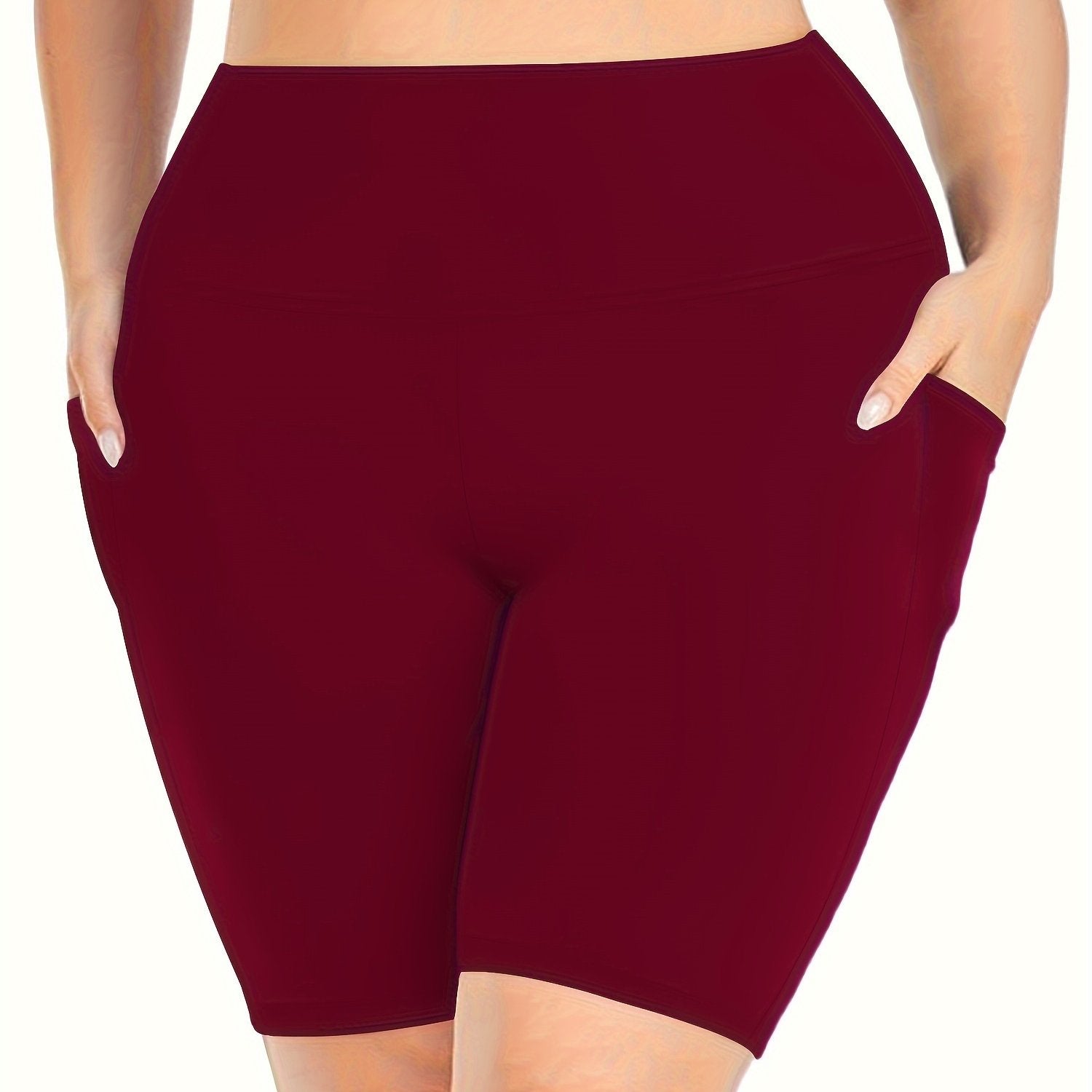 Plus Size High-Waisted Yoga Shorts Olive Green Stretchy Nylon Pockets