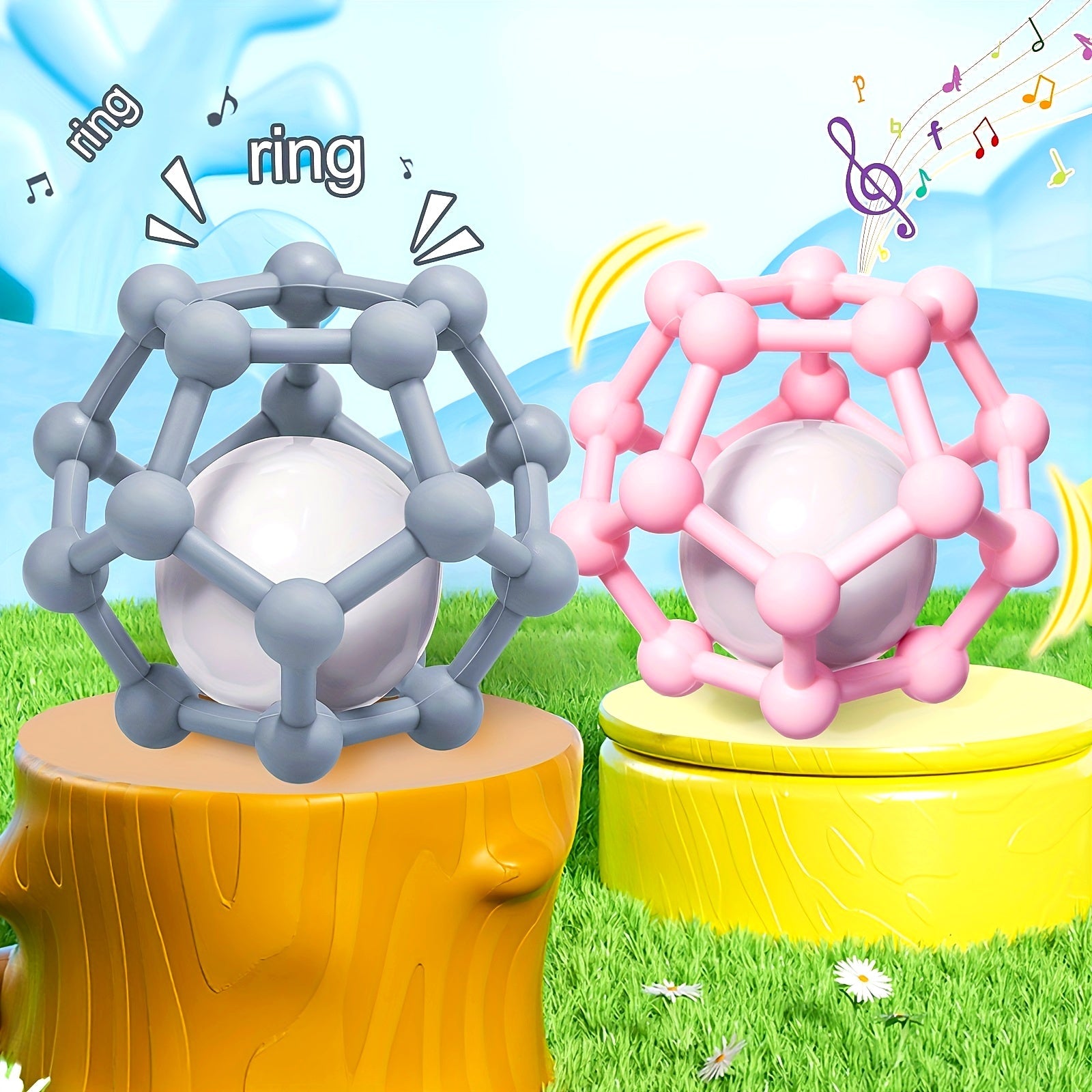 Soft Silicone Teething Toy Ball for Babies Pink and Grey