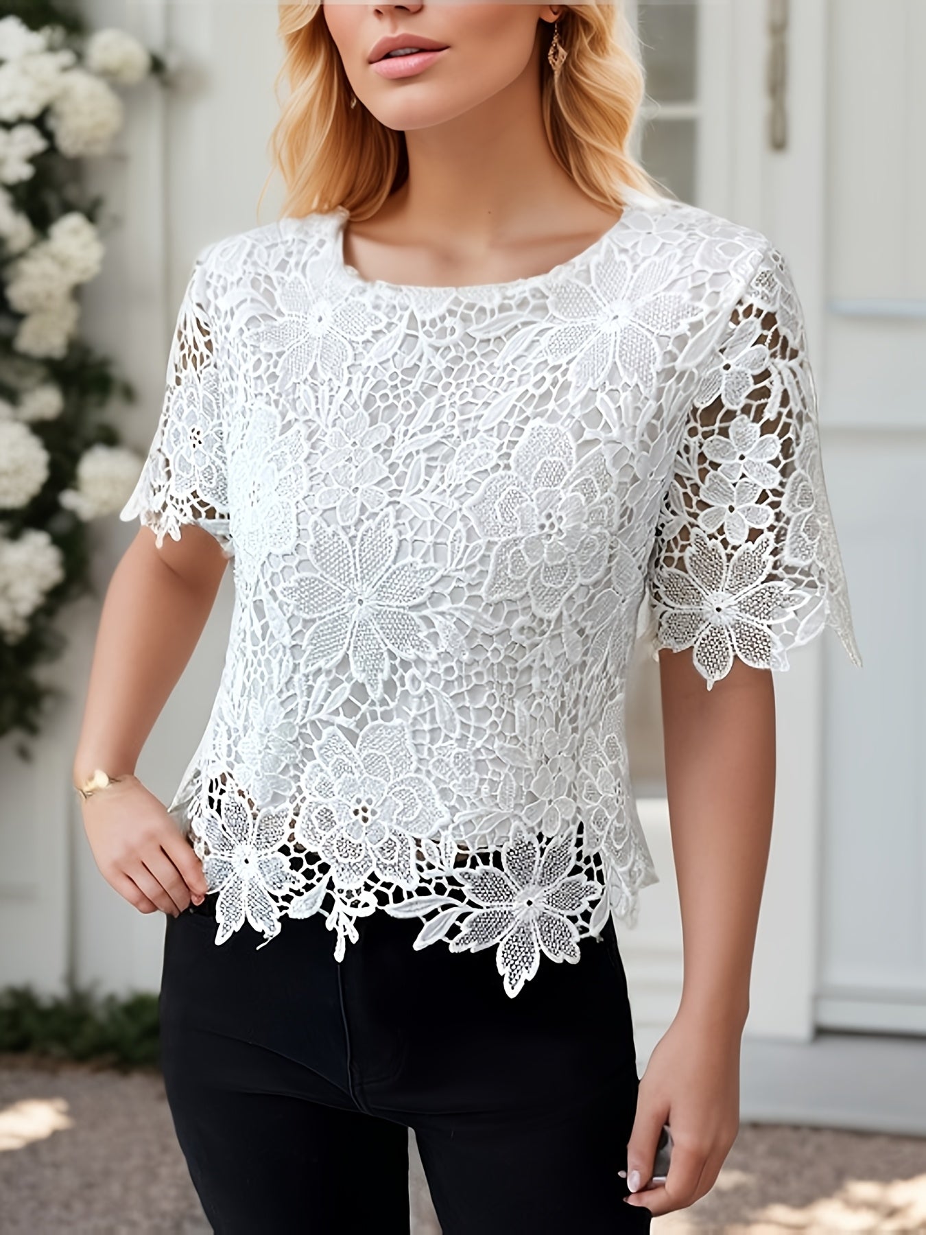Блузка женская большого размера с цветочным кружевом полупрозрачная легкая повседневная топ