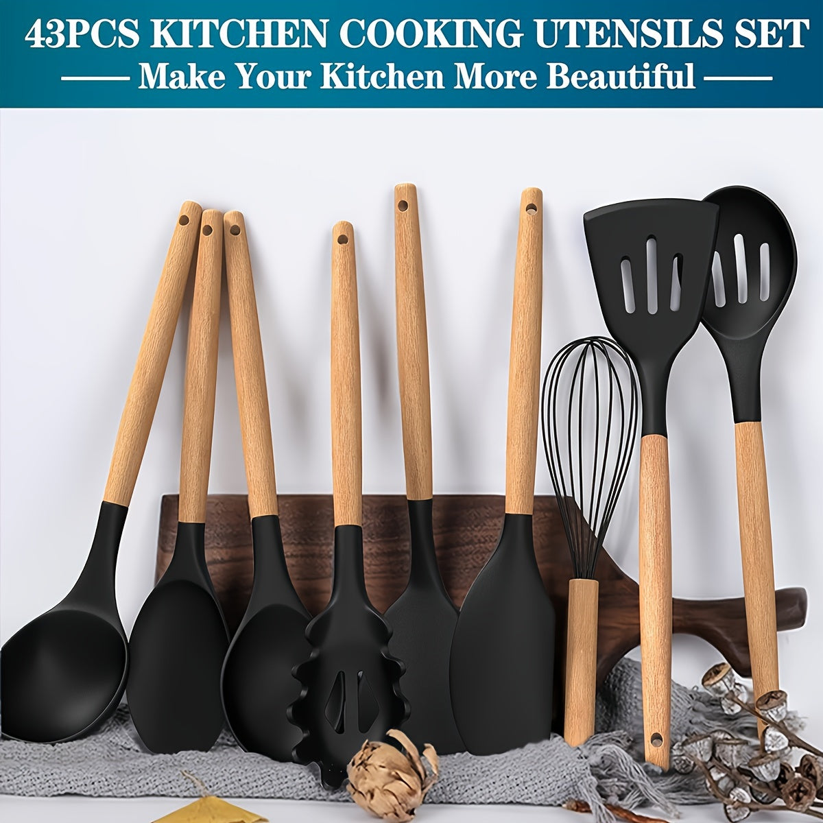Juego de 43 utensilios de silicona para cocinar con mango de madera, juego de espátulas antiadherentes resistentes al calor