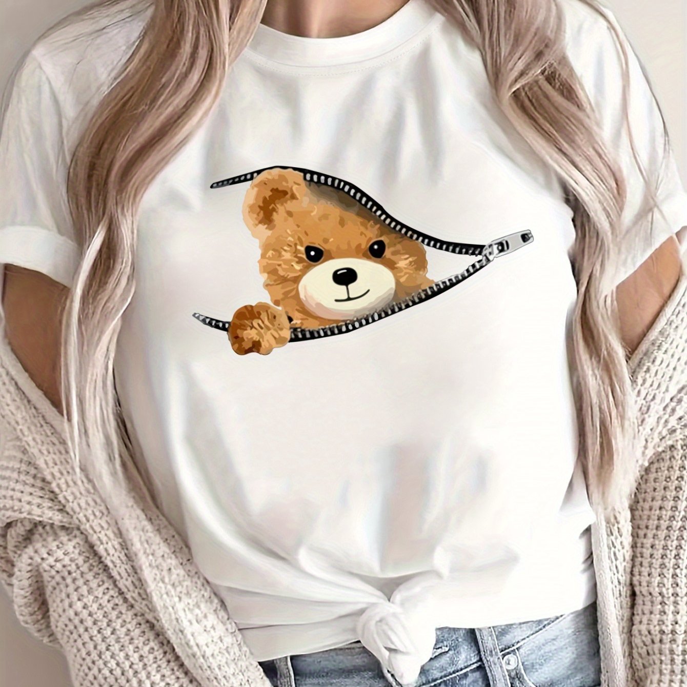 Women's Oversized Graphic T-Shirt Breathable Polyester Teddy Bear Design Loose Fit