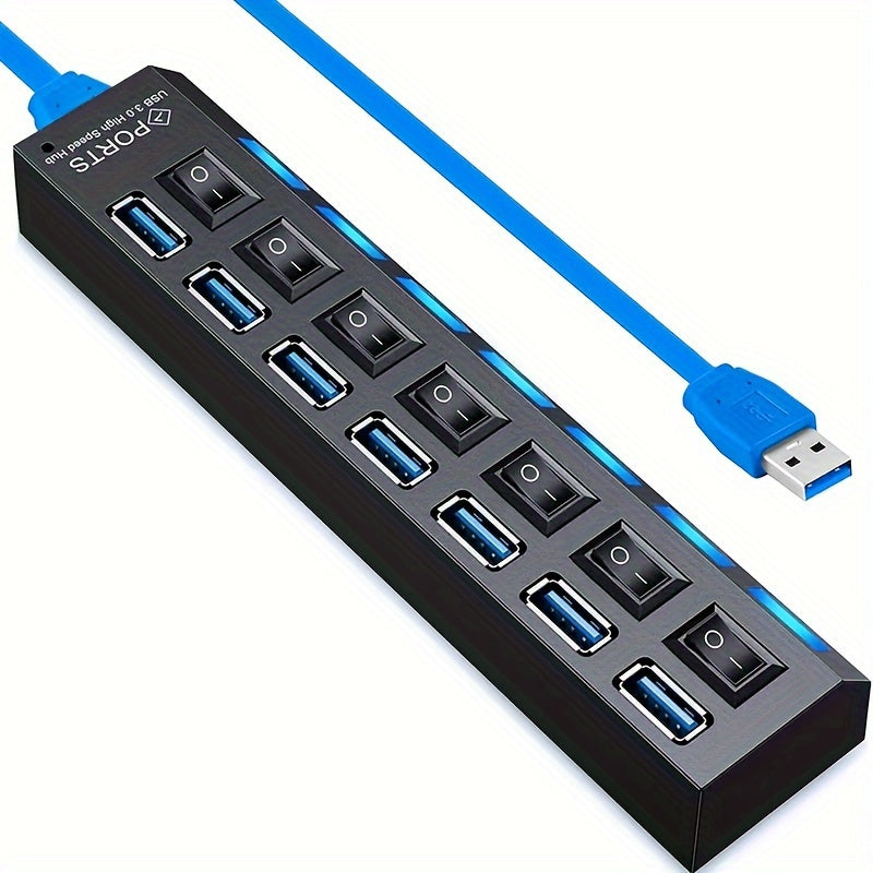 7-Port USB 3.0 Hub with LED Switch Fast Data Transfer Compatible with Laptops and PCs