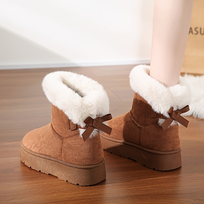 Women Fleece-Lined Mid-Calf Snow Boots with Thick Platform, Brown