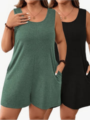 Plus Size Women's Romper Set with Pockets Loose Fit Breathable Spring Summer
