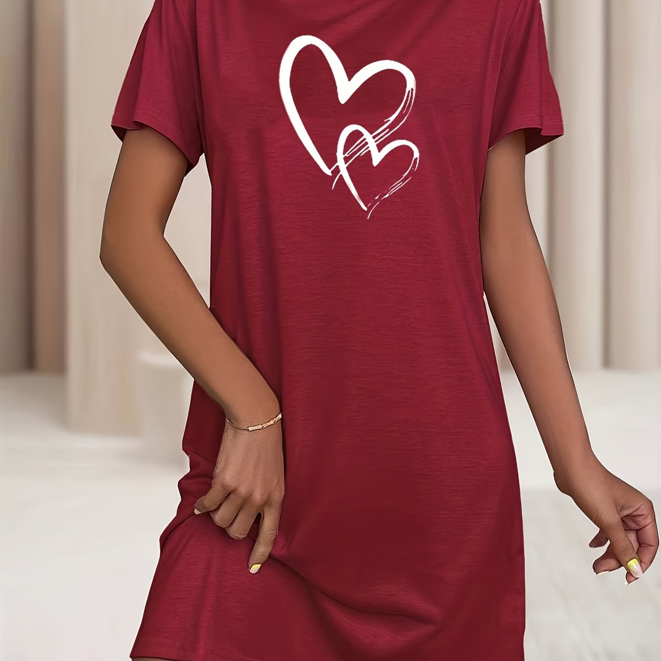 Women's Plus Size Heart Print Sleep Dress Soft Stretchy Nightgown Yellow