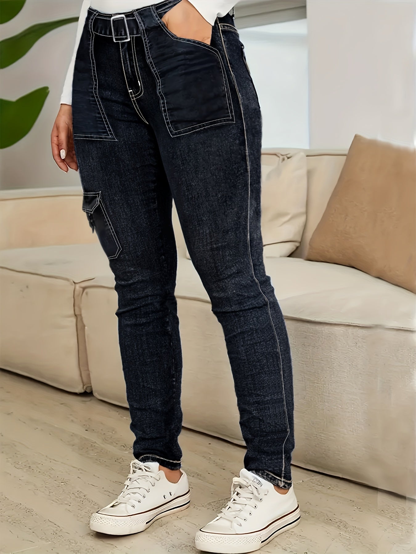 Women's Plus Size High-Waisted Skinny Jeans Dark Navy All-Season Stretch Casual Pants