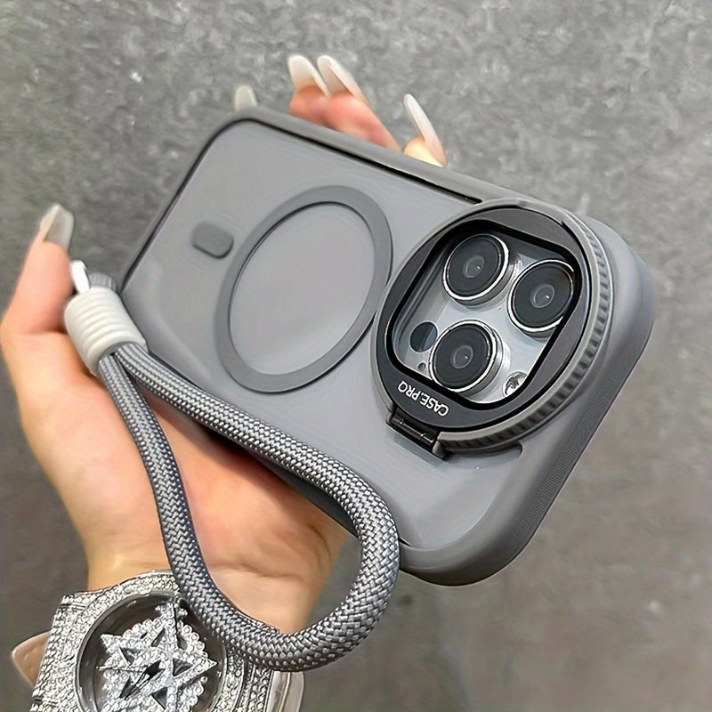 Shockproof Transparent Phone Case with Magnetic Folding Glass Frame and Lanyard for iPhone 16 15 14 Pro Max