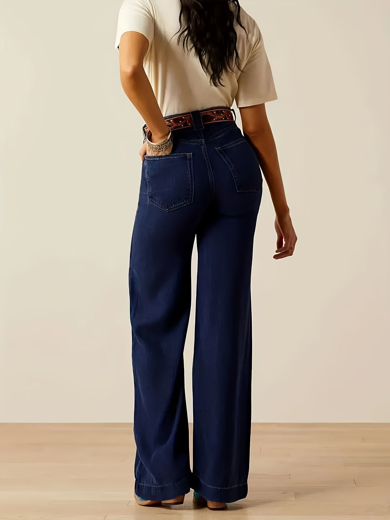 Pantalones de mezclilla azul oscuro para mujer con pierna recta elástica y corte ancho para todas las estaciones