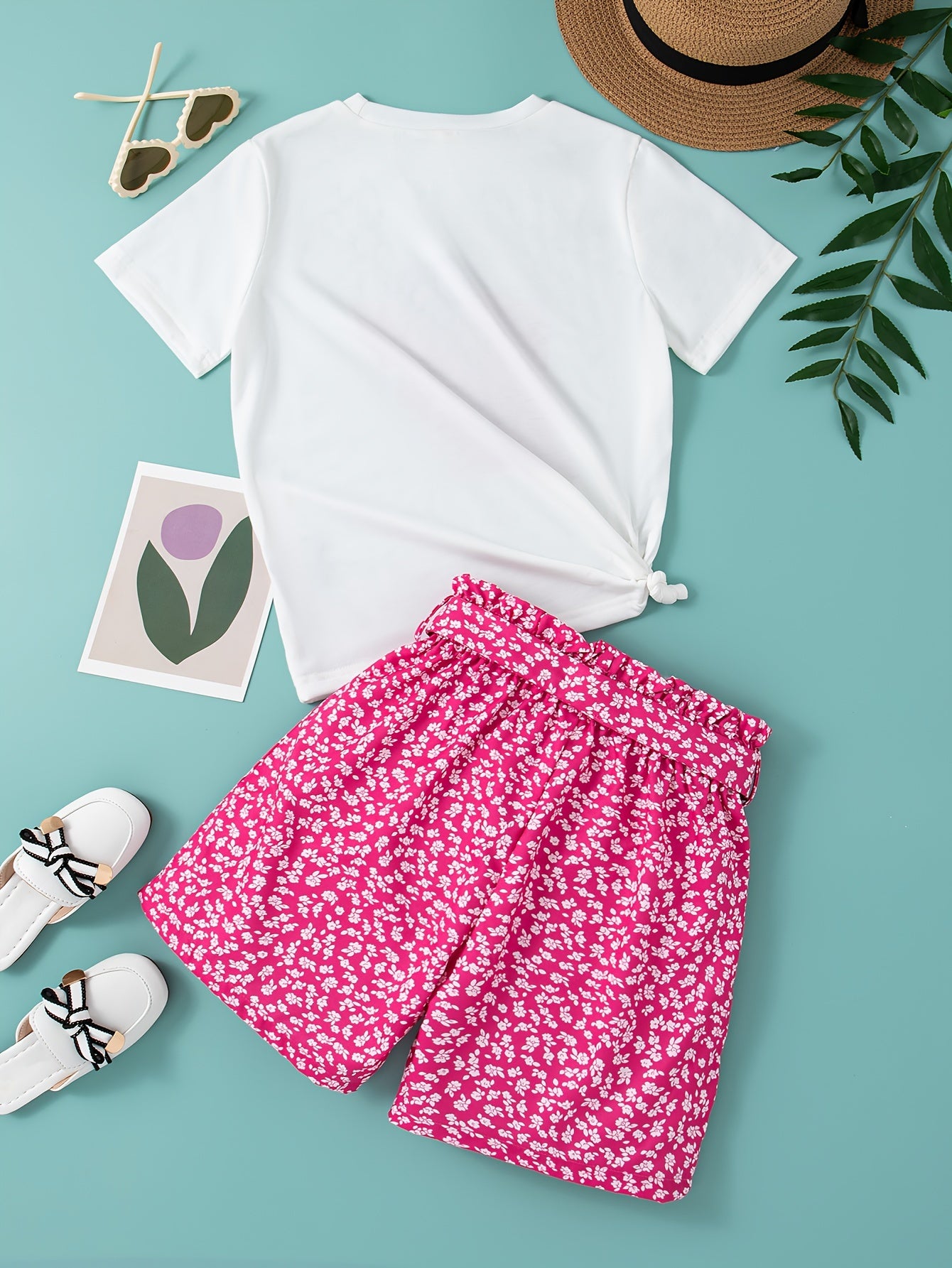 Girls Summer Outfit Set with Floral Shorts and Crew Neck Short Sleeve Top