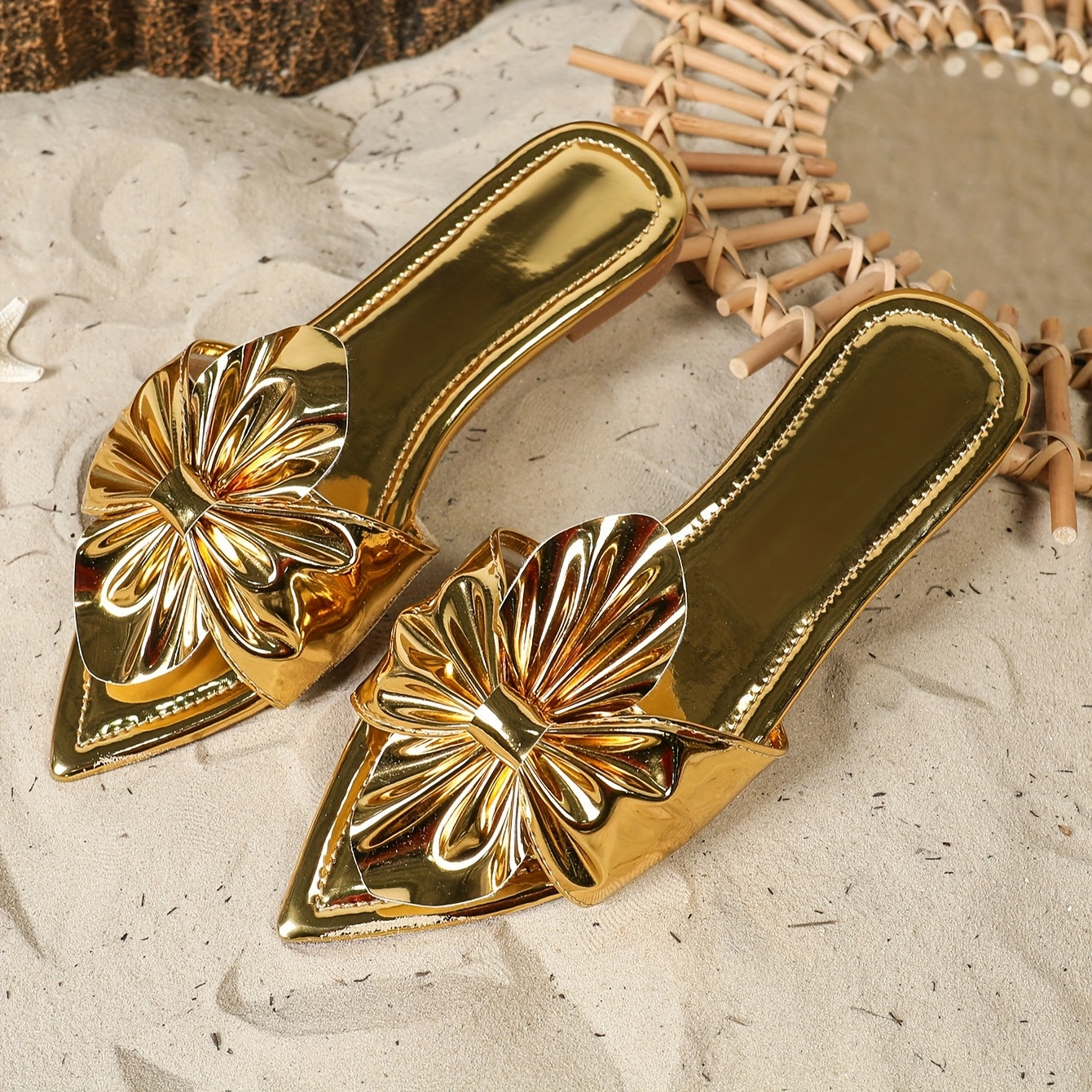 Women Metallic Slip-On Mules with Floral Bow Pointed Toe Flats