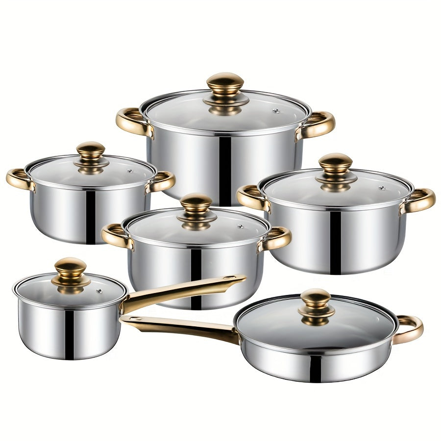 12-Piece Stainless Steel Cookware Set with Golden Handles and Kettle