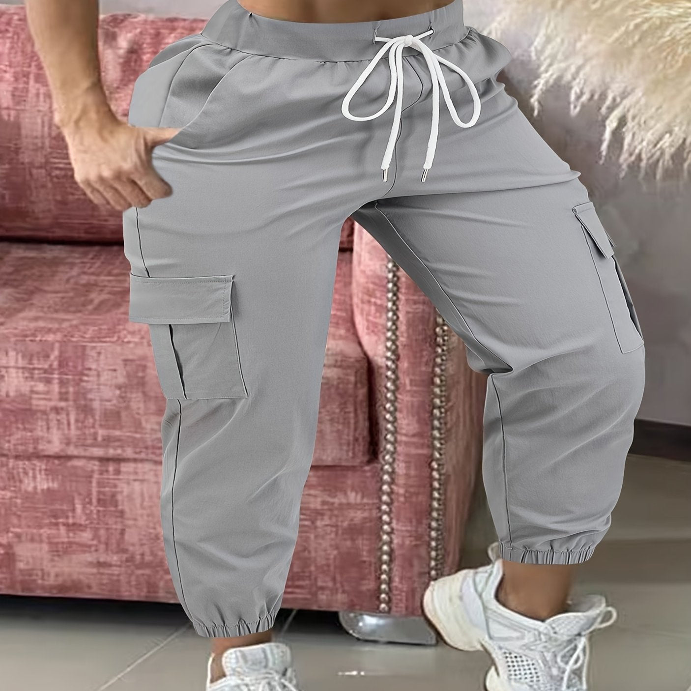 Pantalones cargo de talla grande para mujer en color verde oliva, casuales, con cinturilla ajustable, para todas las estaciones