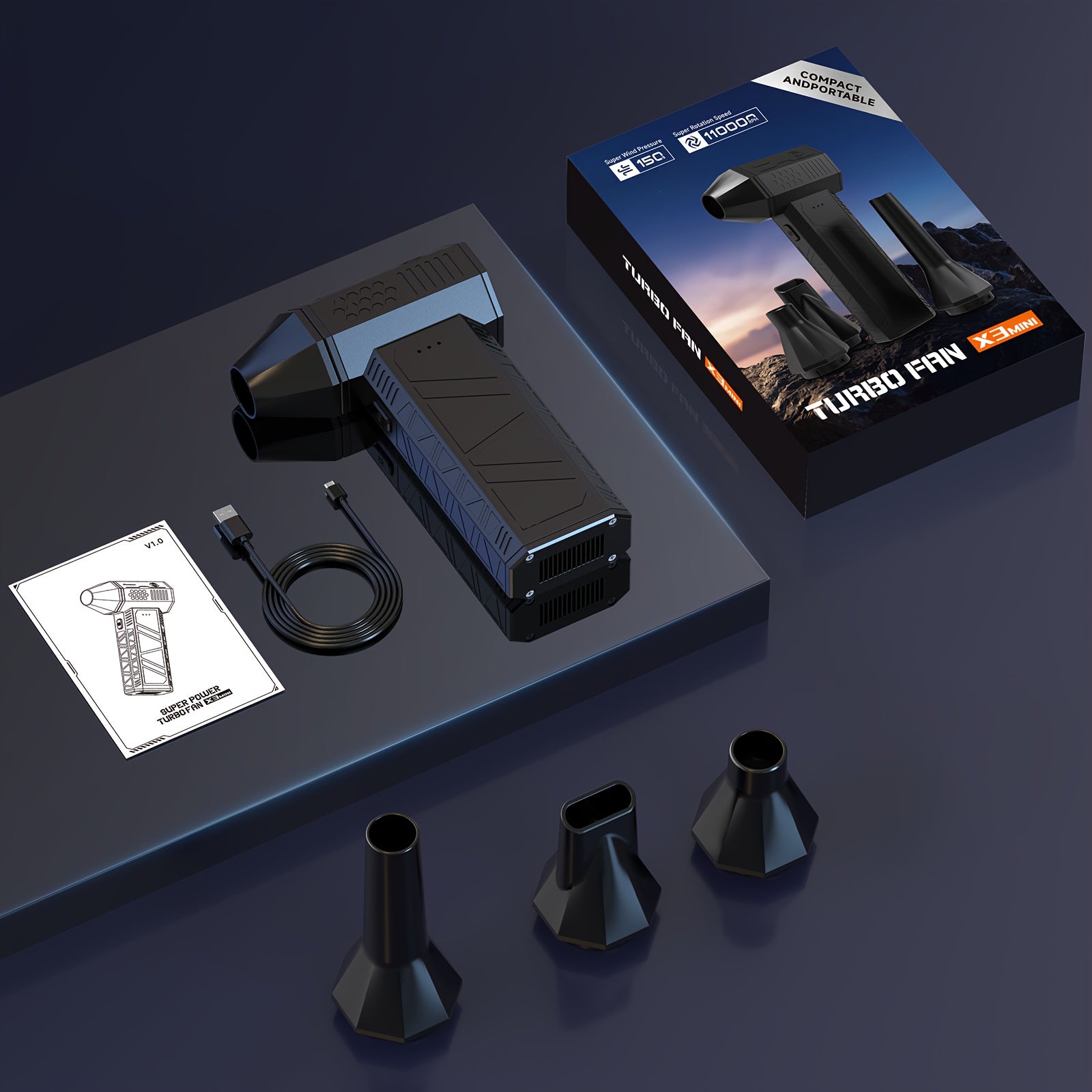 Brushless Motor bilan Super Mini Turbojet Fan, Qo'lda ushlash uchun dizayn, Type-C tez zaryadlash, Quvvat ko'rsatkichi - Avtomobil, Uy, Kompyuter, Klaviatura uchun mos, Yuqori tezlikda kuchli turbina ventilyatori, Avtomobil changi