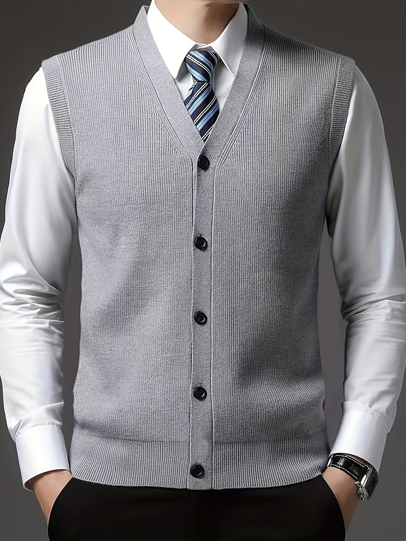 Men's Solid Color V-Neck Knitted Vest for Autumn Winter Wool Nylon Layering