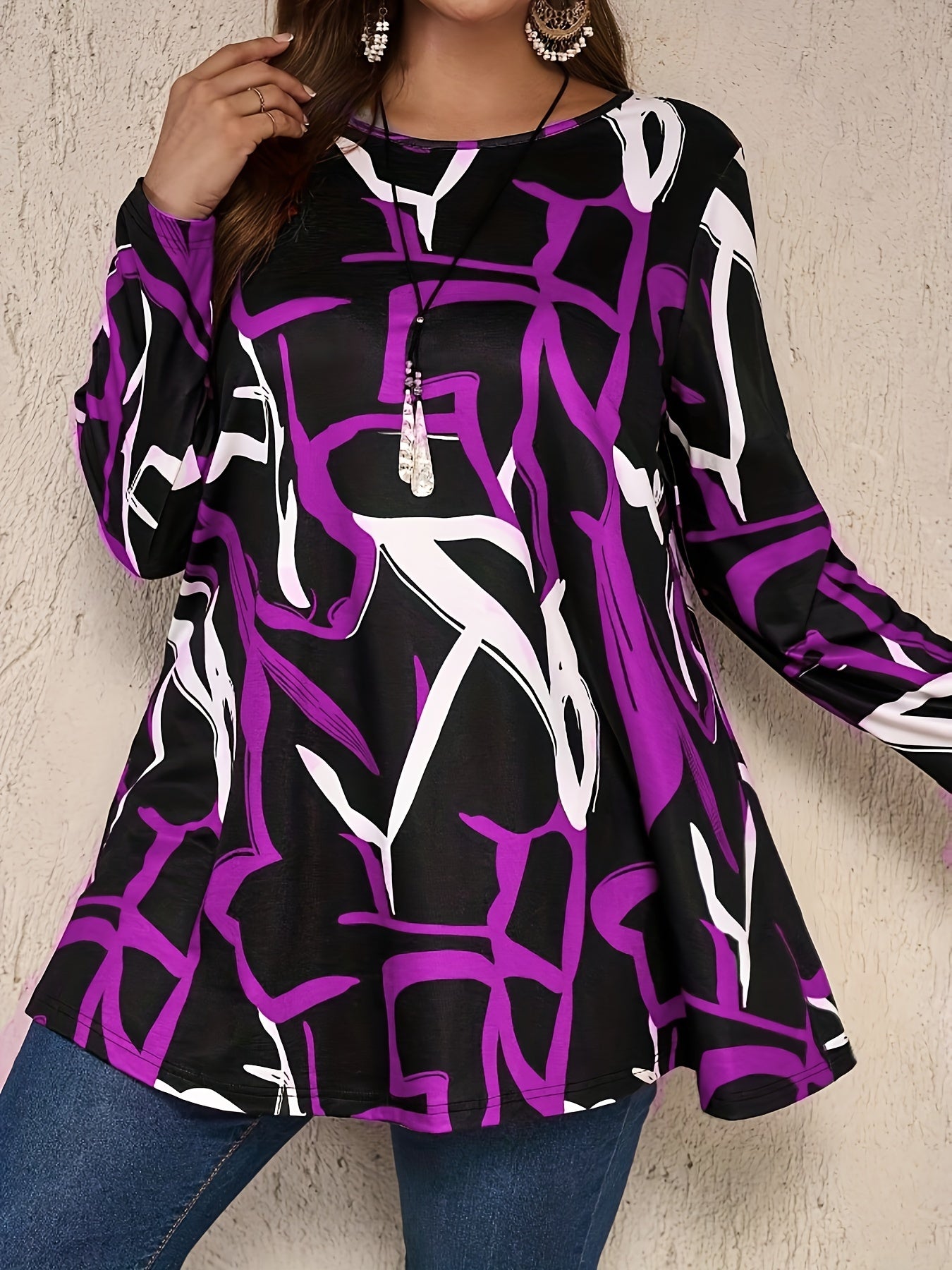 Ayollar uchun Katta O'lchamdagi Rangli Blokli Printli Crew Neck T-shirt, Bahor va Kuz uchun Norasmiy Uzoq Yengli Yuzi