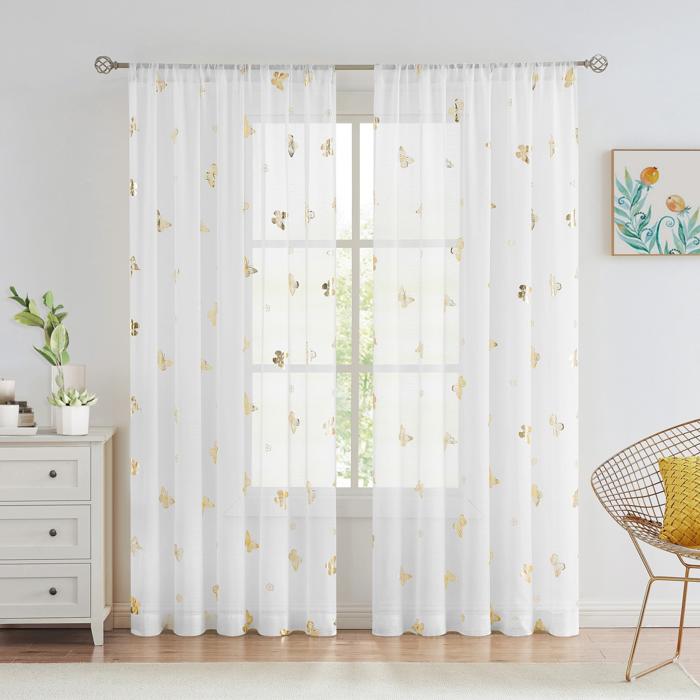 Golden Butterfly Translucent Linen Curtains for Bedroom or Living Room 63-95 Inches