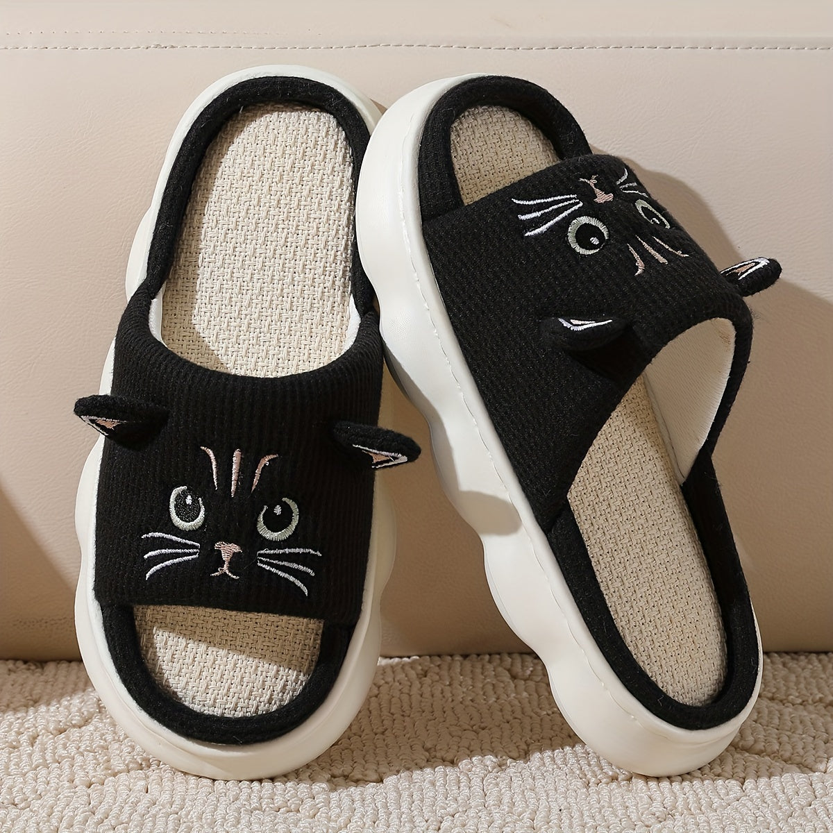 Unisex Cotton Cat Print Slip-On Slippers Indoor Casual Comfortable