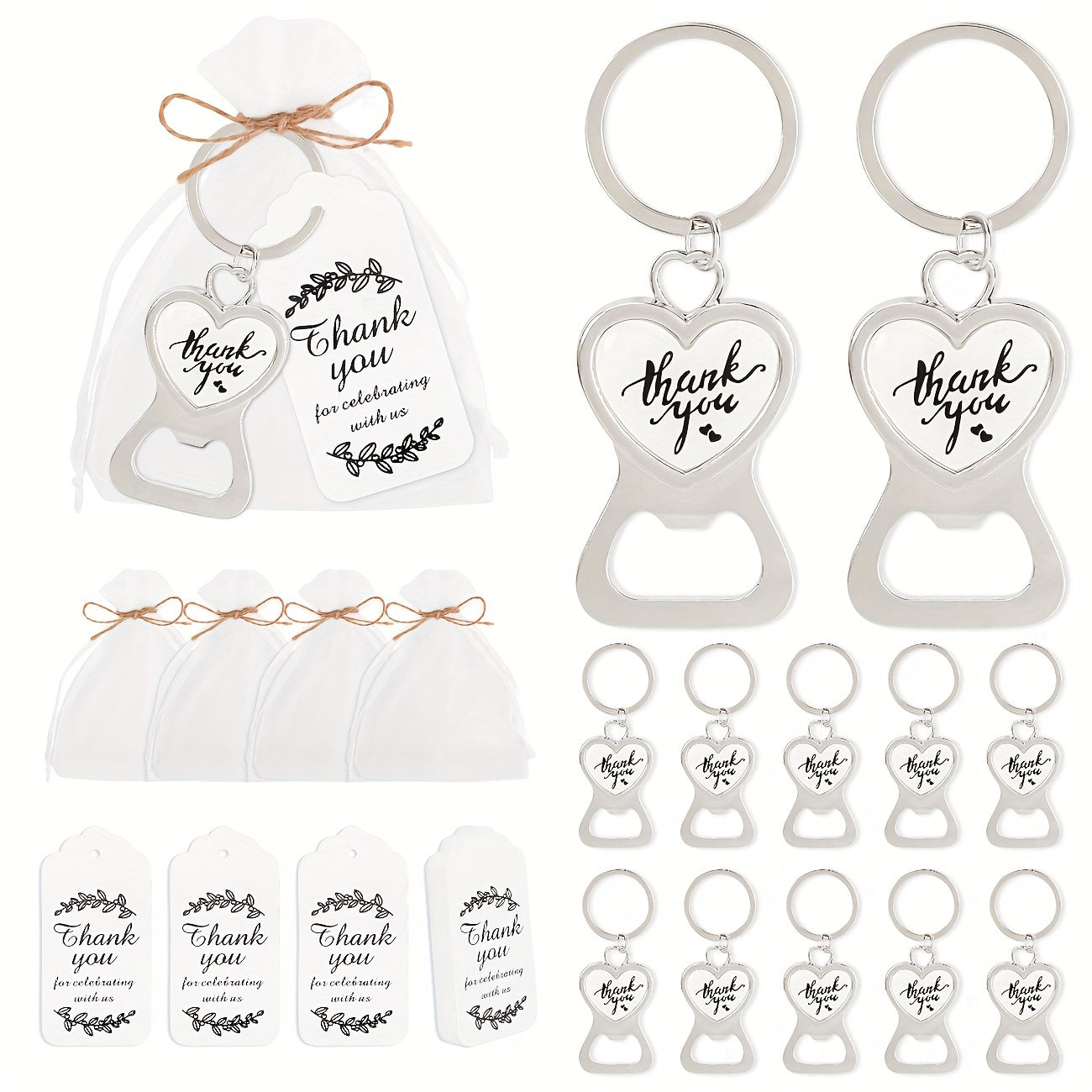 24 Wedding Bottle Openers with Cards and Organza Bags for Guests