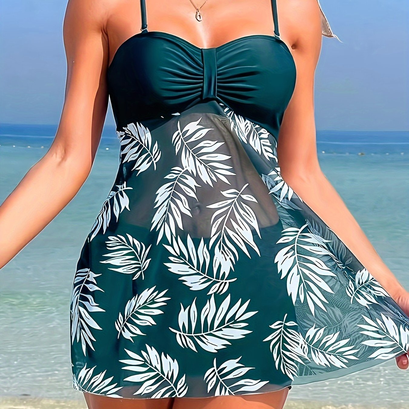 Tropical Print Tankini Swimsuit with Mesh Contrast High Stretch Polyester for Women